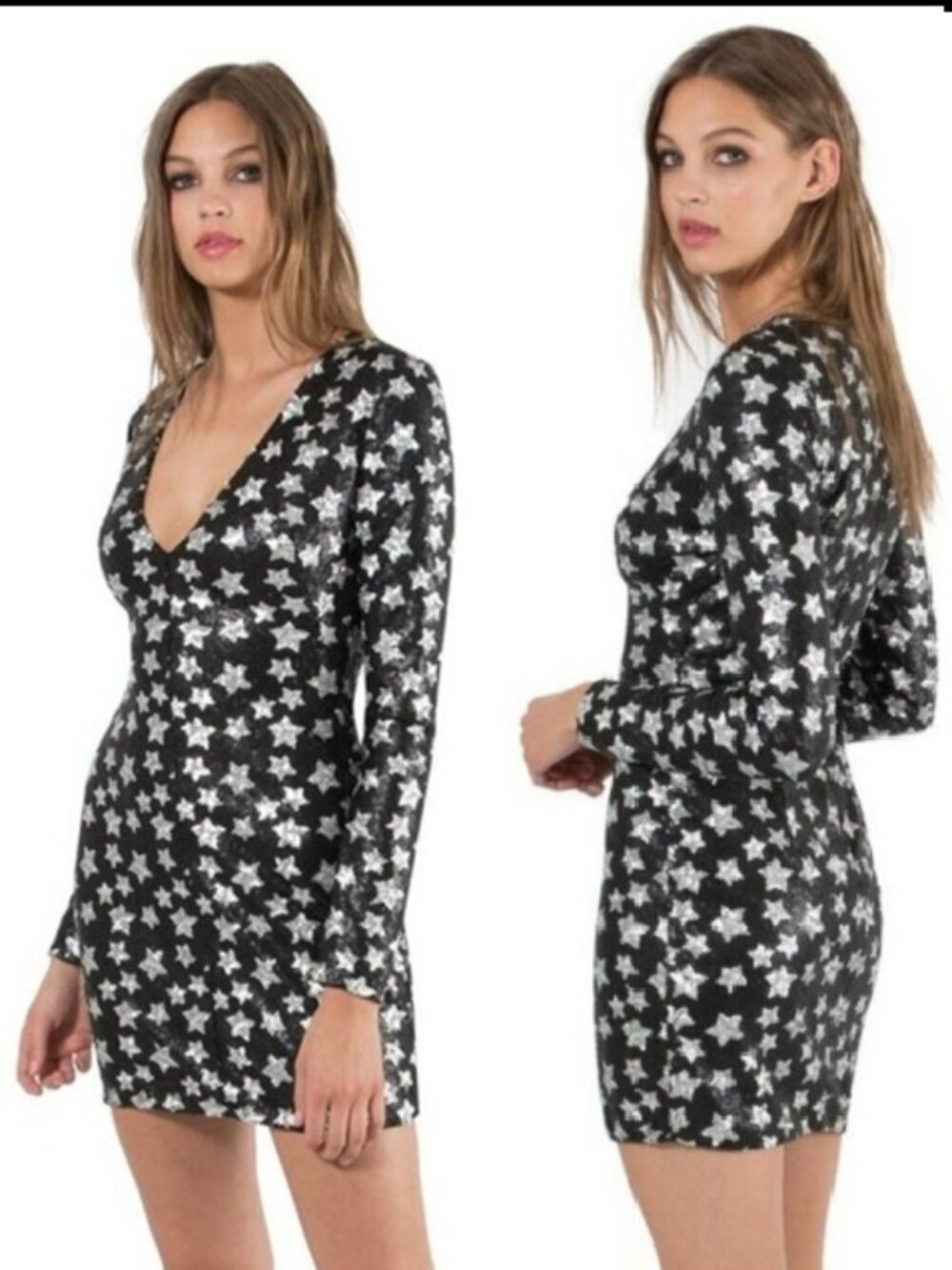 Black Halo Alicia Starry Night Black Silver Sequin Mini Dress Sz 14